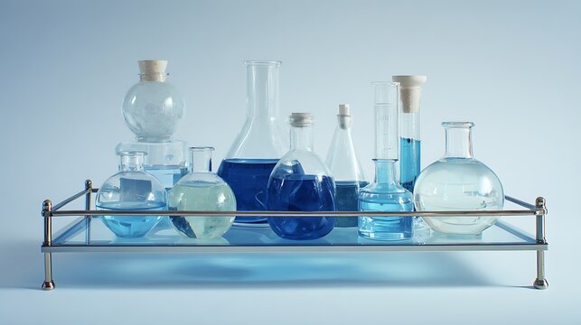Laboratory Glassware with Colored Liquid on a Chrome Tray Against a Light Blue Background