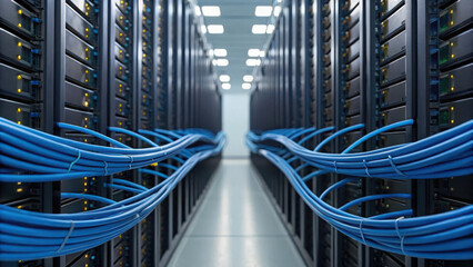 A modern data center hallway lined with server racks interconnected by multiple blue Ethernet cables.