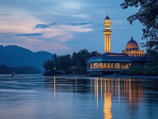 Tranquil mosque at dusk by a river