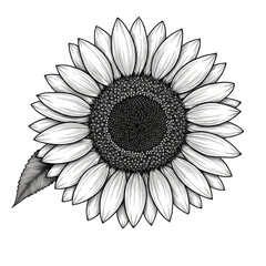 Black and White Floral Illustration of Sunflower on Transparent Background