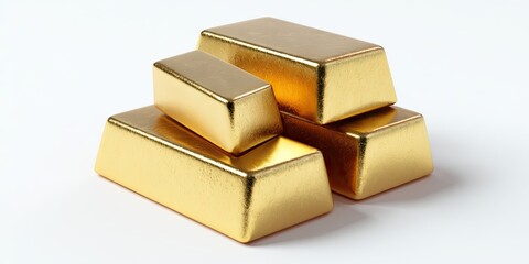 Four gleaming gold bars, stacked unevenly on a white surface; reflecting light