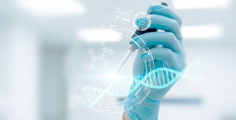 Hand in blue glove holds pipette with dna strand graphic in lab. Great for pharmaceutical product mockups, biotech communication design, or futuristic lab-based branding