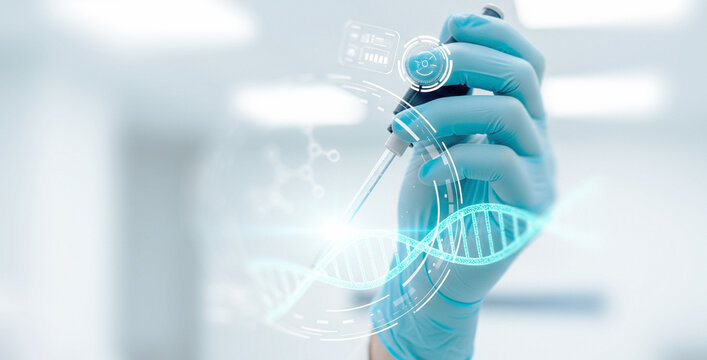 Hand in blue glove holds pipette with dna strand graphic in lab. Great for pharmaceutical product mockups, biotech communication design, or futuristic lab-based branding