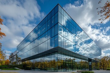 Modern corporate building with seamless glass facade reflecting sky and autumn trees presents sophisticated architectural design