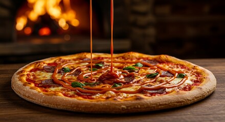 Indulge your senses with this gourmet pizza, drizzled with a rich caramel sauce and fresh basil.