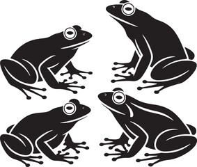 Four Frog Collection in Black Silhouette Style on White Background 