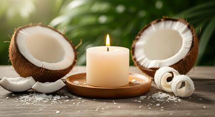 Eco-Friendly Zero Waste Self Care Kit with coconut, candle and natural ingredients. Sustainable lifestyle concept.