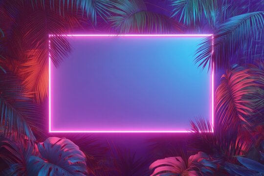 Glowing pink neon rectangle framed by vibrant tropical leaves, set against a dark, purplish-blue background - Powered by Adobe