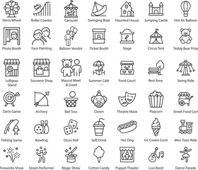 Amusement Park Outline Icons Vector, Isolated on White Background