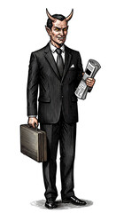 Cartoon Devil Man with Suit Horns Holding Bag Illustration