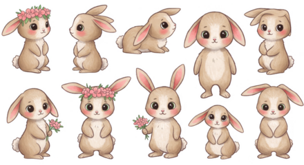 Cute Bunny Clipart Illustration with Flower Crown on Transparent Background