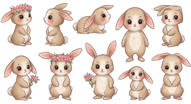 Cute Bunny Clipart Illustration with Flower Crown on Transparent Background - Powered by Adobe