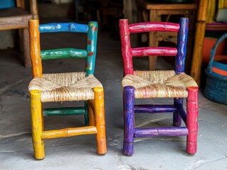 Two colorful, handcrafted children's chairs