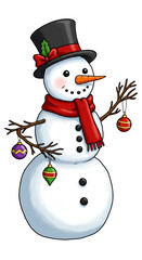 Cartoon Snowman with Ornaments Festive Christmas Winter Holiday Season