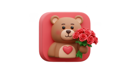 Cartoon Bear Holding Bouquet Roses 3D Render Illustration Isolated