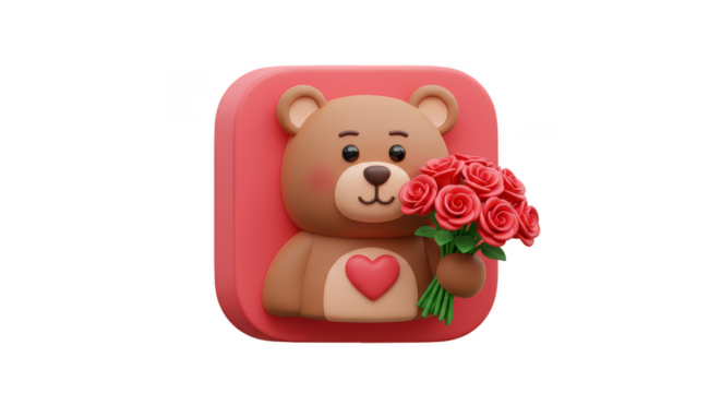 Cartoon Bear Holding Bouquet Roses 3D Render Illustration Isolated