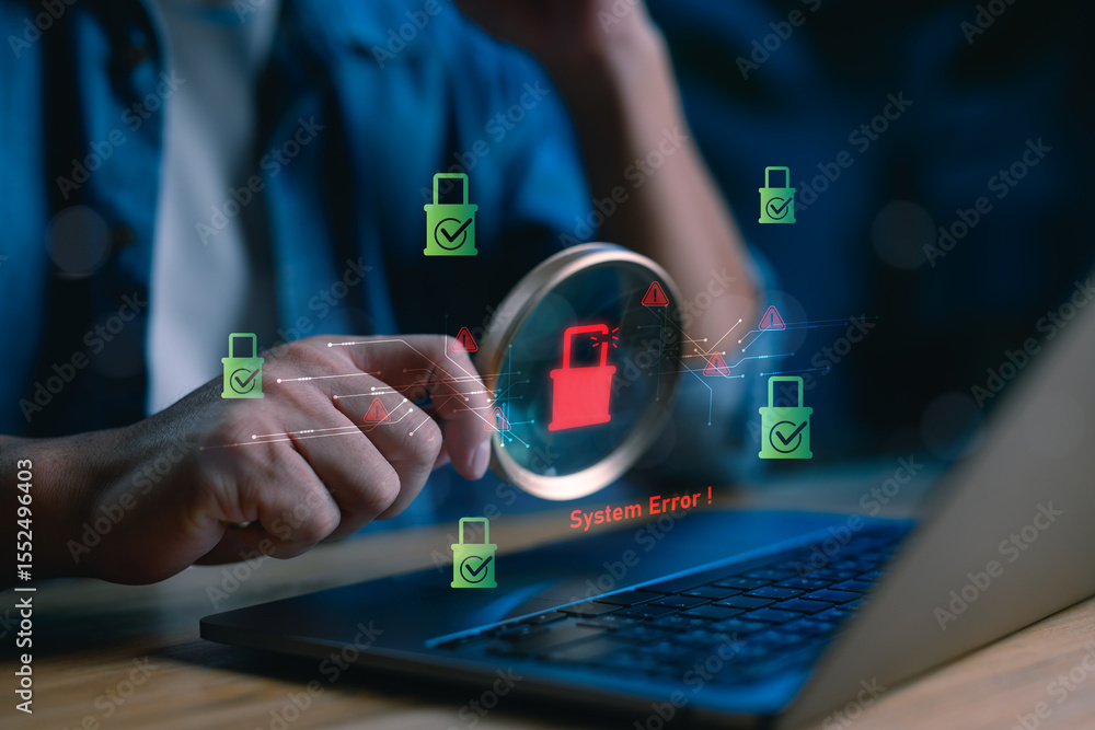 Poster Cybersecurity system error and data breach warning concept. A red unlocked padlock and alert icons symbolize vulnerability detection and digital threat investigation in computer networks.