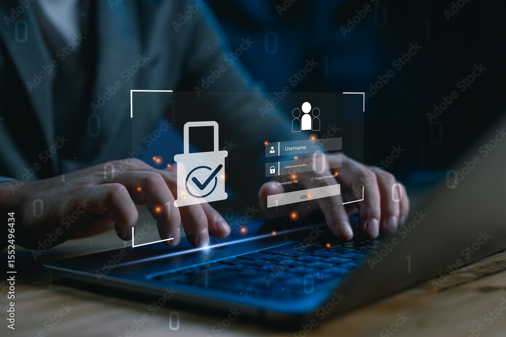 Poster Cybersecurity login protection concept with user interface and password authentication system. Ideal for data privacy, secure access and online identity verification illustrations.