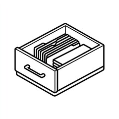 Isometric line drawing of a file drawer open, revealing several hanging files inside.  A simple handle is visible on the drawer front