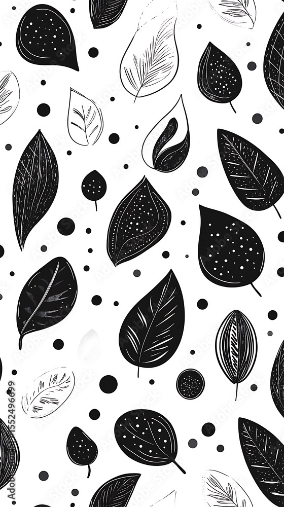 Poster monochromatic botanical pattern displays various stylized leaves with polka dots scattered on white 