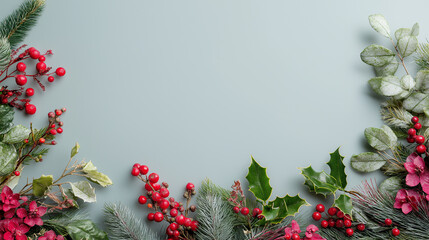 Christmas foliage border with pine branches red berries and holly leaves on pastel background for festive holiday and seasonal winter celebrations design