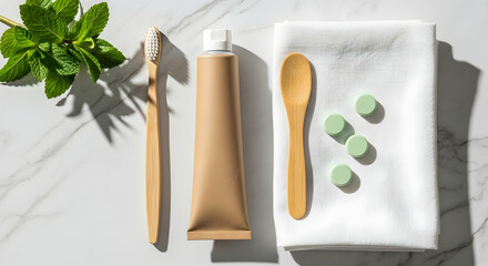 Eco-Friendly Zero Waste Self Care Kit on Marble Background, Sustainable Lifestyle