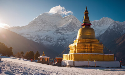 Magnificent gilded stupa standing majestically against snow-capped mountains in Nepal
