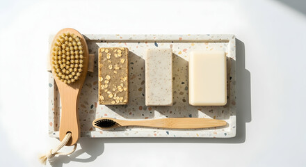 Minimal Zero Waste Self Care Kit with natural soap, toothbrush, and body brush, arranged on terrazzo tray