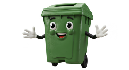 Cheerful 3D Cartoon Green Trash Character with Garbage Recycle Bin