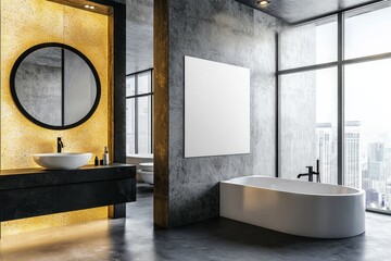 Trendy bathroom interior showcasing a blank advertising billboard.
