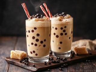 Two glasses of bubble tea, topped with brown tapioca pearls and red straws, sit on a wooden board