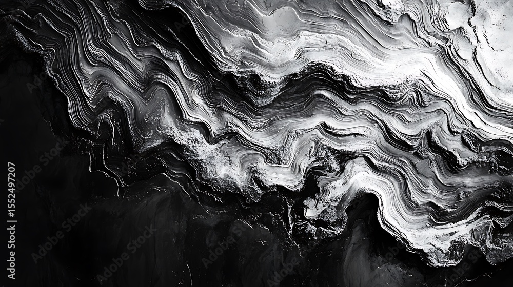 Poster monochrome waves create textured layers, revealing an abstract landscape filled with contrasting sha