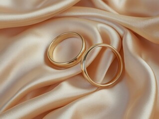 Two gold wedding rings on a satin fabric