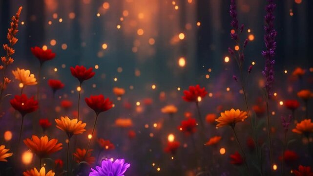 Magical Enchanted Flower Meadow at Twilight with Glowing Fireflies and Colorful Wildflowers in Dreamy Forest Landscape, Live Wallpaper Animation, Fantasy Nature, Vibrant Blossoms, Soft Lights