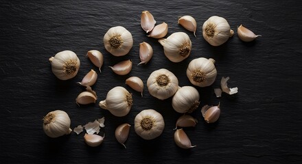 Top view of fresh whole garlic bulbs with natural texture and papery skin