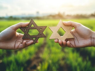Two hands holding wooden Star of David symbols
