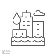 Flooded City Icon. Outline Style Editable Stroke. Thin Line Symbol of Climate Anxiety, Urban Flood Disaster, Rising Water Levels, Global Warming Impact, and Environmental Crisis Awareness.