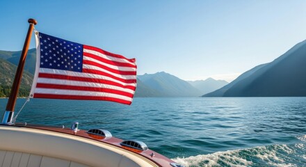 An American flag waves majestically from the stern of a boat cruising across a pristine lake surrounded by majestic mountains on a clear sunny day