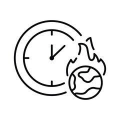 Burning Earth Clock Icon. Outline Style. Thin Line Symbol of Climate Anxiety, Global Warming, Environmental Crisis, and Urgent Climate Change Awareness.