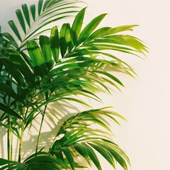 Lush green palm fronds cast shadows on a pale wall, sunlight illuminating vibrant foliage