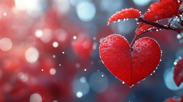 Heart Leaf: A close-up shot reveals a delicate heart-shaped leaf glistening with water droplets, symbolizing love and nature. set against a dreamy.