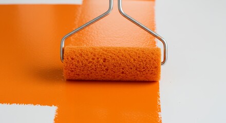 Orange paint roller applying paint