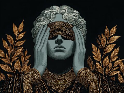 enigmatic sorceress in a shadowy realm: captivating poster for enchanting interiors, perfect for adding mystical elegance to your space with her intricate cloak and golden leaves