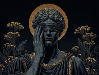 Obraz premium enigmatic blindfolded sculpture: a striking poster for modern spaces, featuring a charcoal gray figure with golden accents in a dark atmosphere with glowing flora
