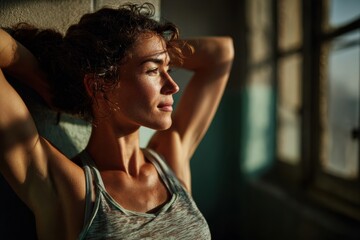 Morning stretch by the window rejuvenates body and mind in soft light of dawn