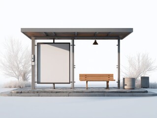 Modern bus shelter with blank ad space, wooden bench, trash cans, and minimalist design against a white background