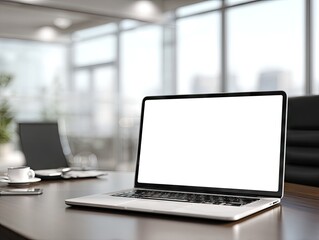 Fototapeta premium Modern laptop with blank screen sits on a wood desk in a bright, minimalist office, near a coffee cup and papers, overlooking a city