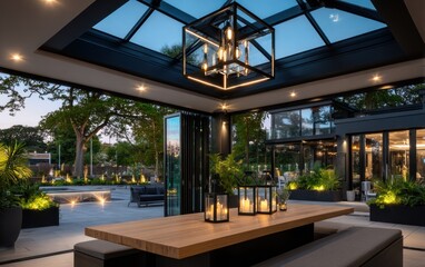 Modern outdoor dining room under a glass roof
