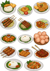 Food Illustration Of Asian Cuisine Dishes with Rice Meals