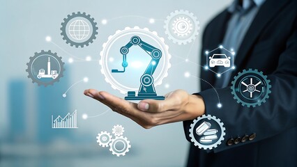 Businessman presents a digital network of industrial icons including a robotic arm car factory and gears